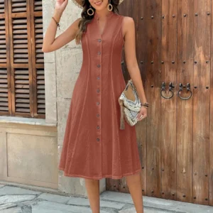 Women's Sleeveless Button Front Dress - Brown or White
